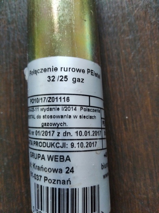 Plynový rúrny prechod WEBA PE100/oceľ 32/25 mm, 0,6 m