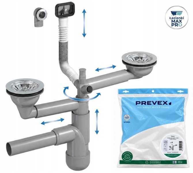 Dvojkomorový drezový sifón Prevex Flexloc Pro FL2-D9CR4-01PL s prepadom, 90 mm