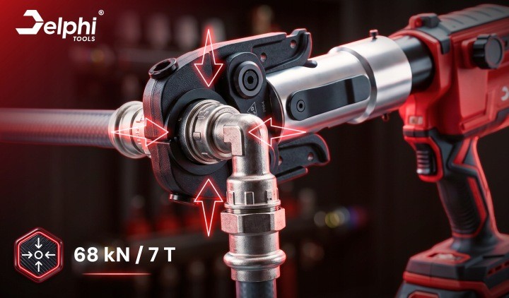 Akumulátorový lis Delphi Tools DT-CT6001, 68 kN, 18 V, 12 čeľustí V/U/TH
