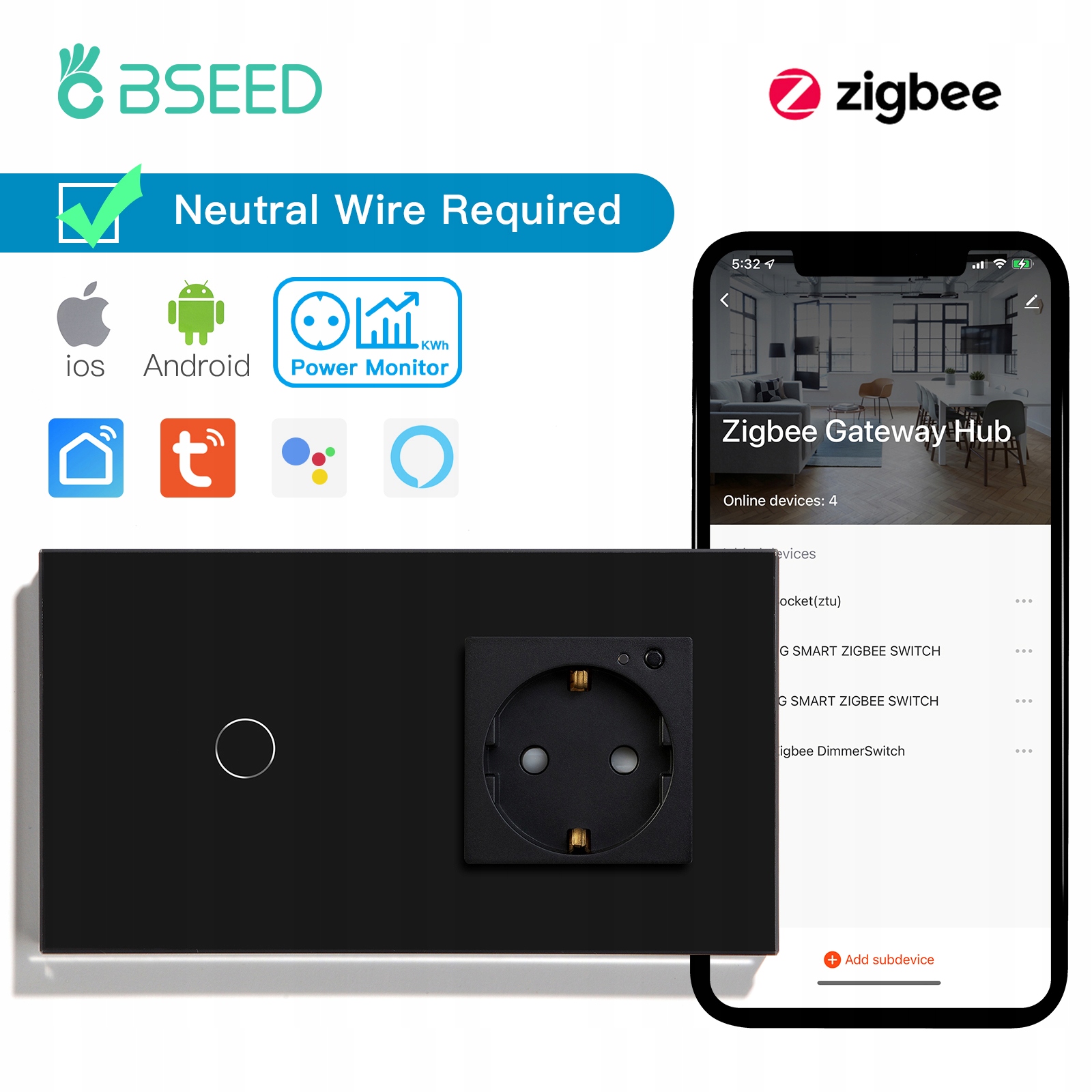 Spínač, vypínač - Spínače BSEED Zigbee 1/2/3Gang 1/2/3way stena