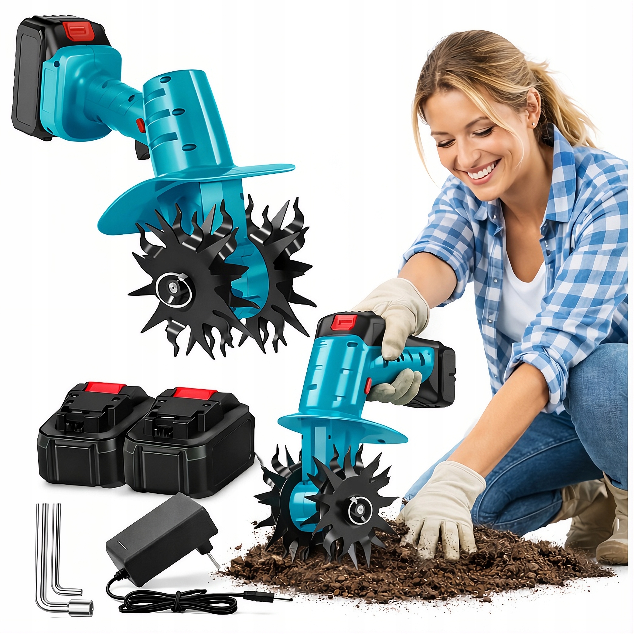 Akumulátorový kultivátor s výkonom 350 W s 2 batériami, 16 cm
