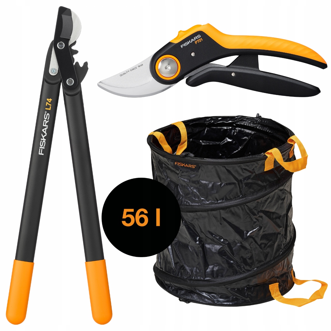 Nožnicový prerezávač FISKARS P721 + ručný prerezávač L74 + záhradný kôš 56L